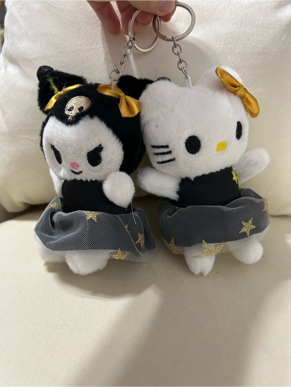 Sanrio Hello Kitty & Kuromi Plush Keychain Duo in Black, White & Gold